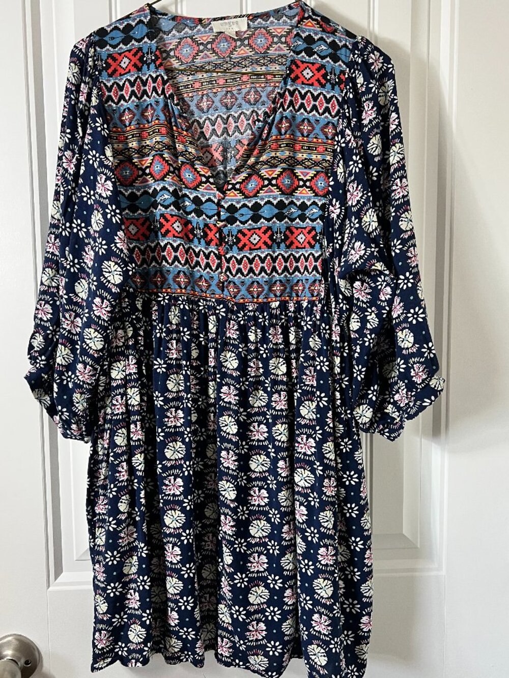 Umgee Boho Floral Geometric Peasant Dress Large Navy Blue Patchwork Festival